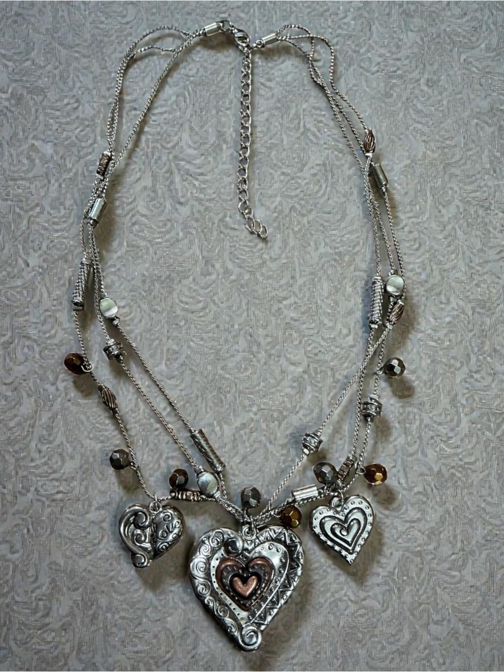 Silver-Tone Multi-Heart Pendant Necklace with Amber Accents